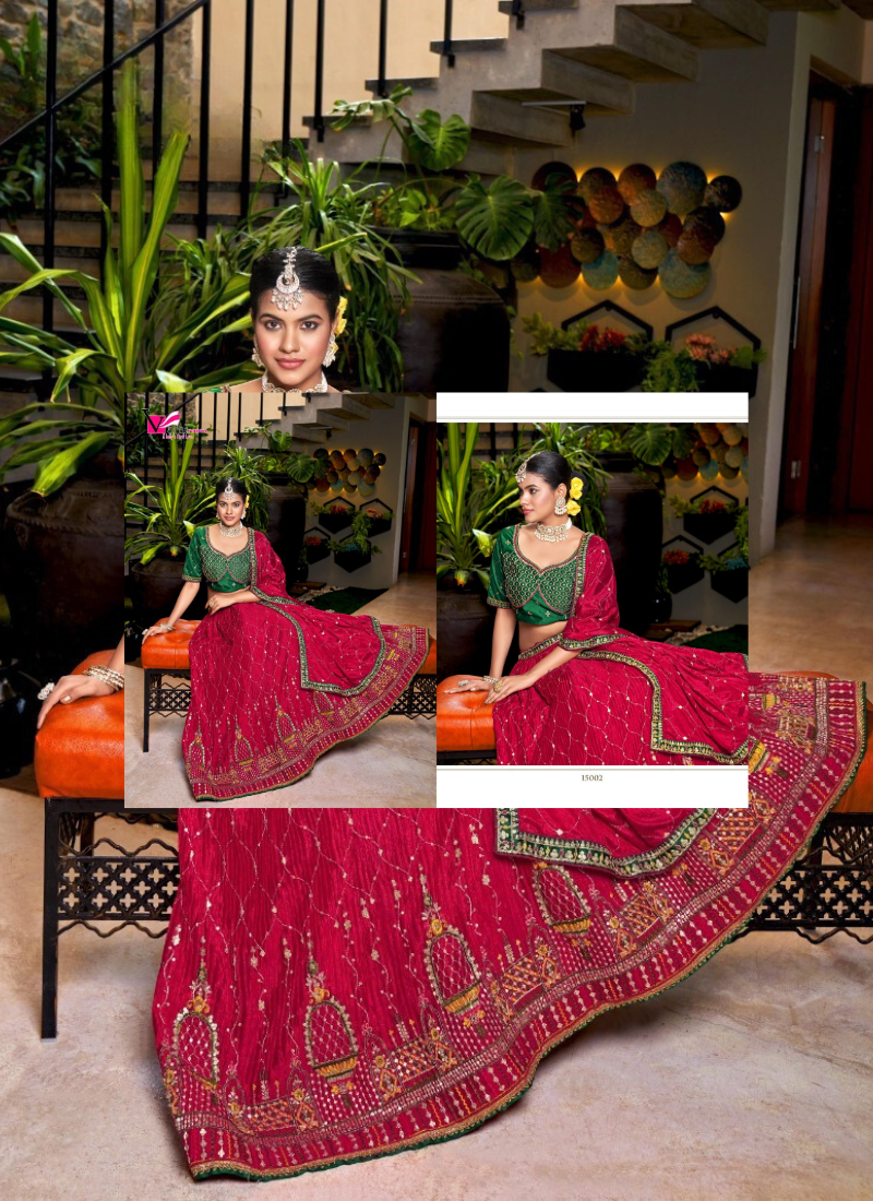 Embroidered Chinon  Lehenga In Pink And Green