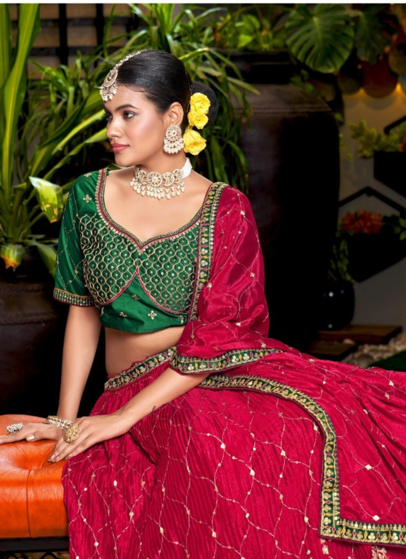 Embroidered Chinon  Lehenga In Pink And Green