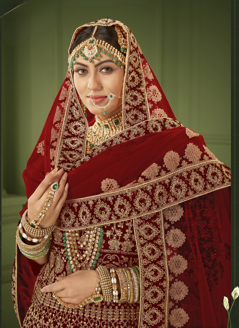 Embroidered Velvet Bridal Lehenga In Red