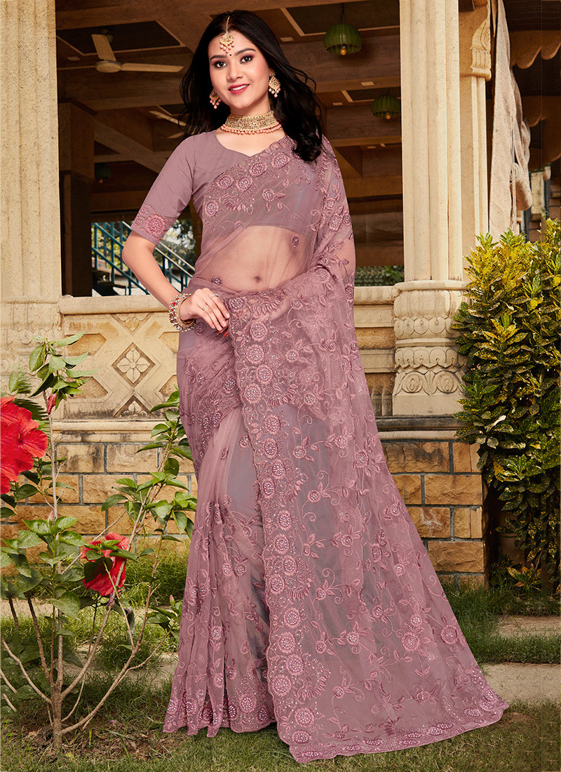 Embroidered Net Saree In Peach