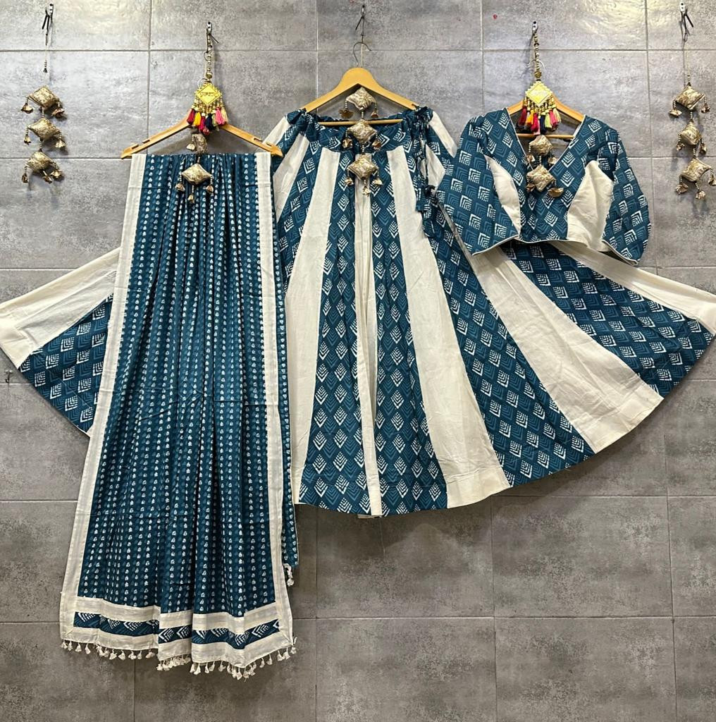Pure Cambric Cotton Chaniya Choli In Blue And White