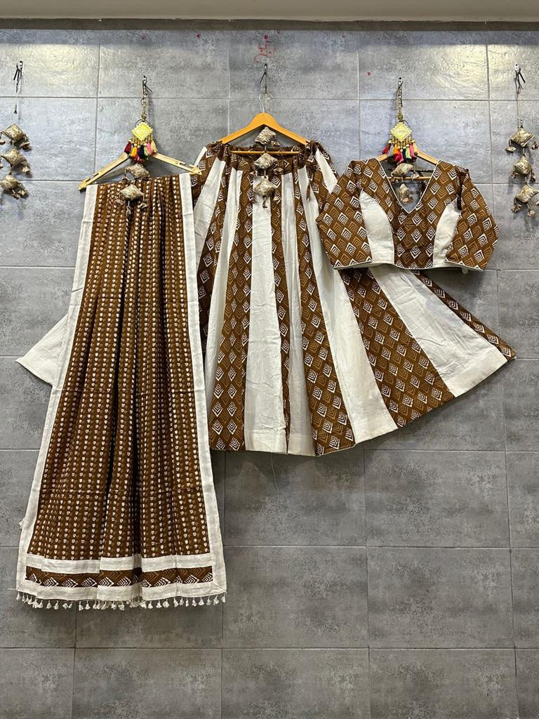 Pure Cambric Cotton Chaniya Choli In Brown And White