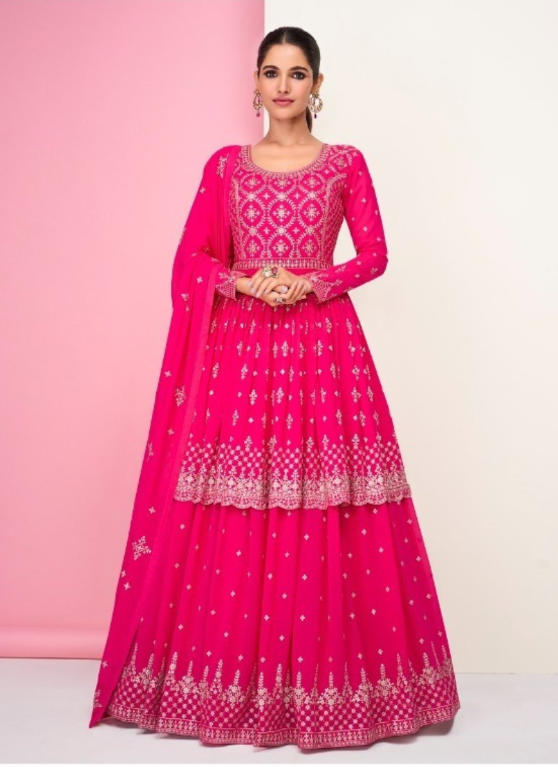 Embroidered Real Georgette Kurta Skirt In Pink