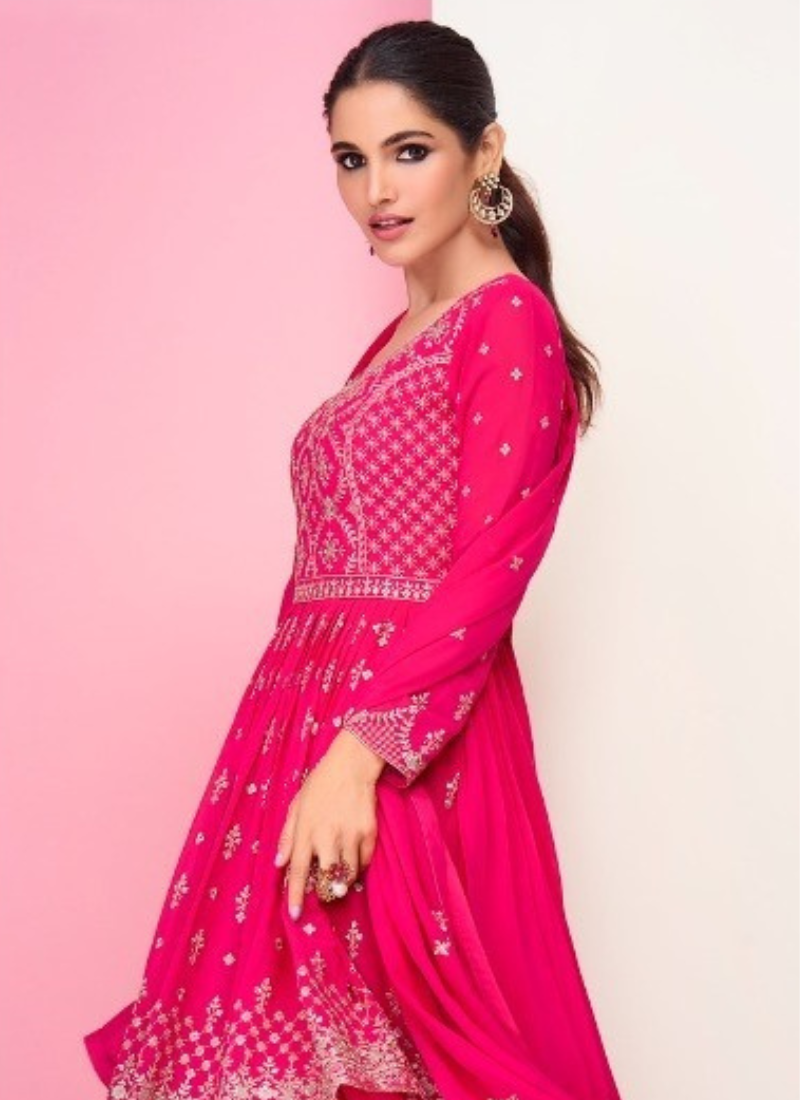Embroidered Real Georgette Kurta Skirt In Pink