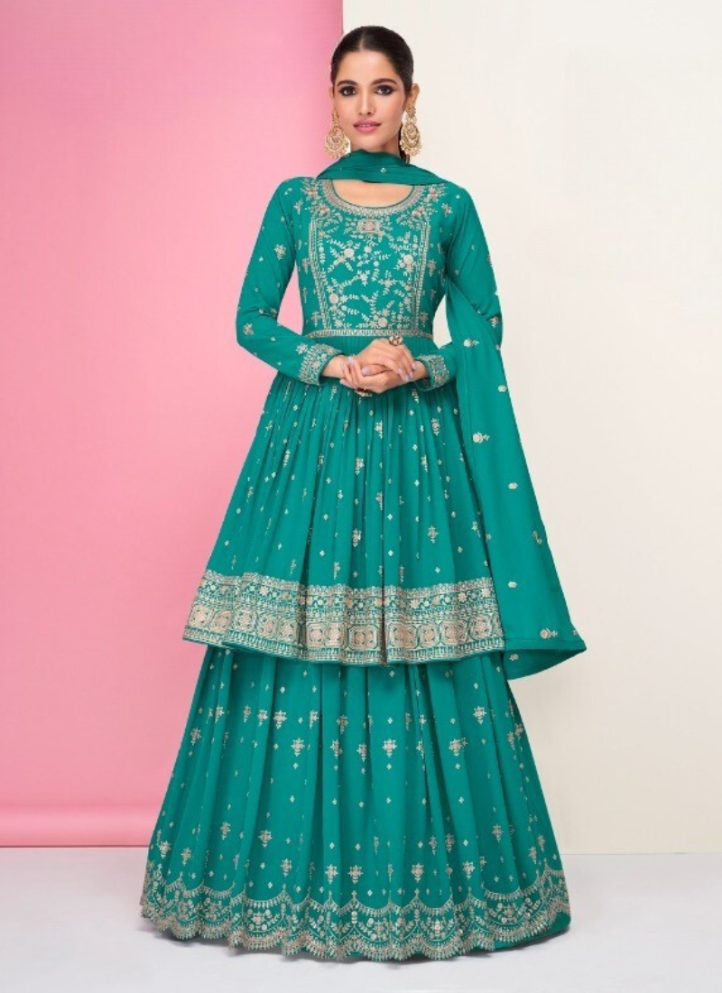 Embroidered Real Georgette Kurta Skirt In Teal