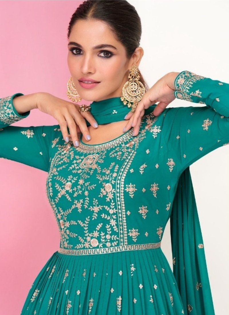 Embroidered Real Georgette Kurta Skirt In Teal