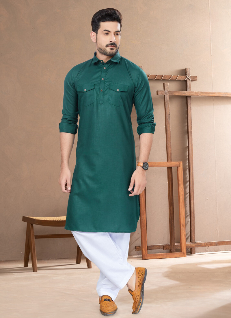 Cotton Pathani Kurta Set in Teal Green