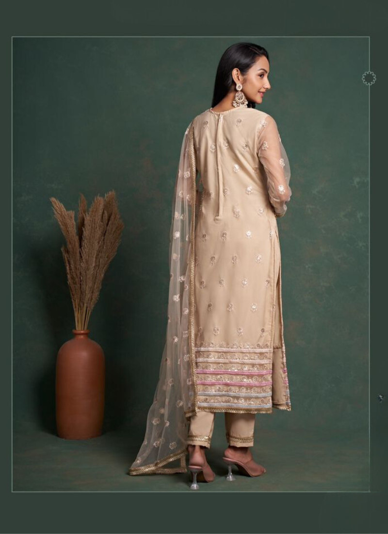 Embroidered American Crepe Straight Suit Set in Beige