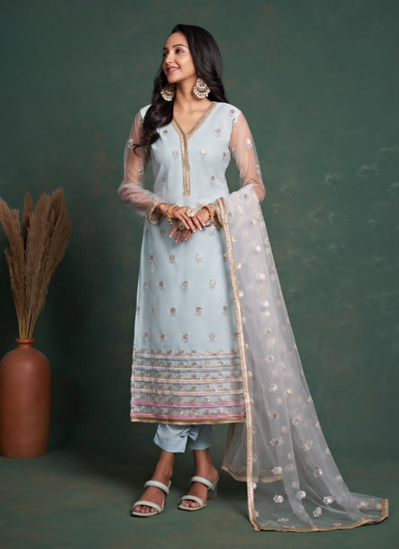 Embroidered American Crepe Straight Suit Set in Blue