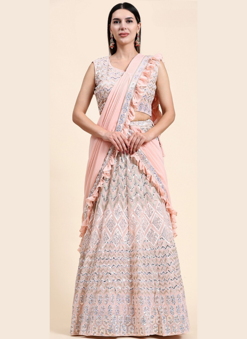 Sequinned Pure Viscose Georgette Lehenga in Off white