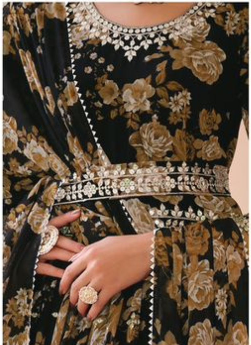Embroidered Real Georgette Anarkali Set in Black