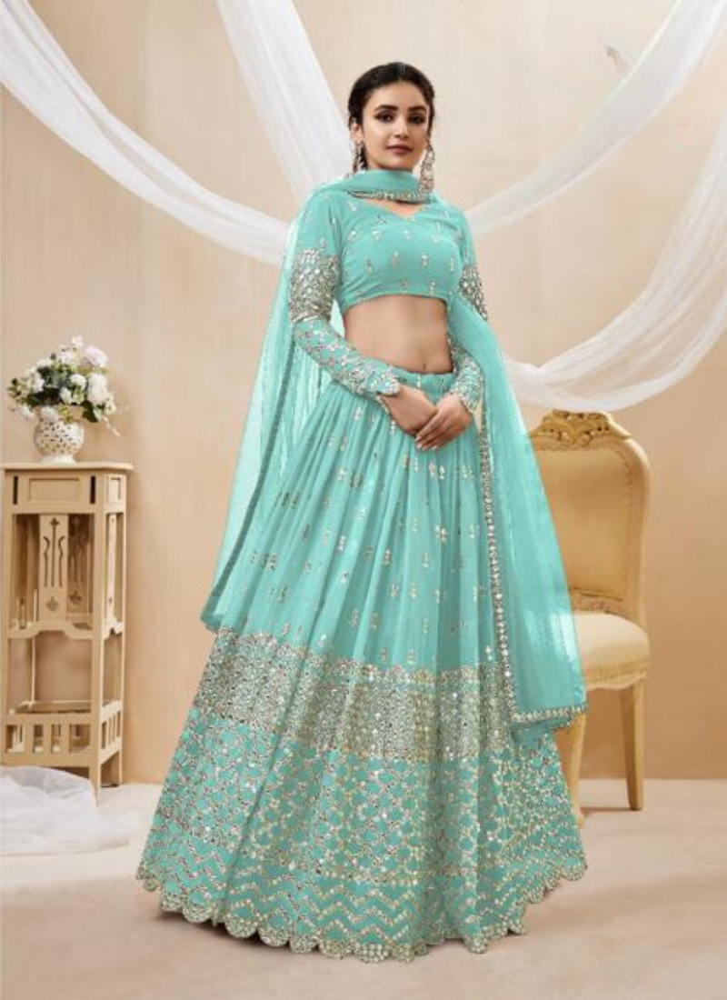 Embroidered Georgette Lehenga In Sky Blue