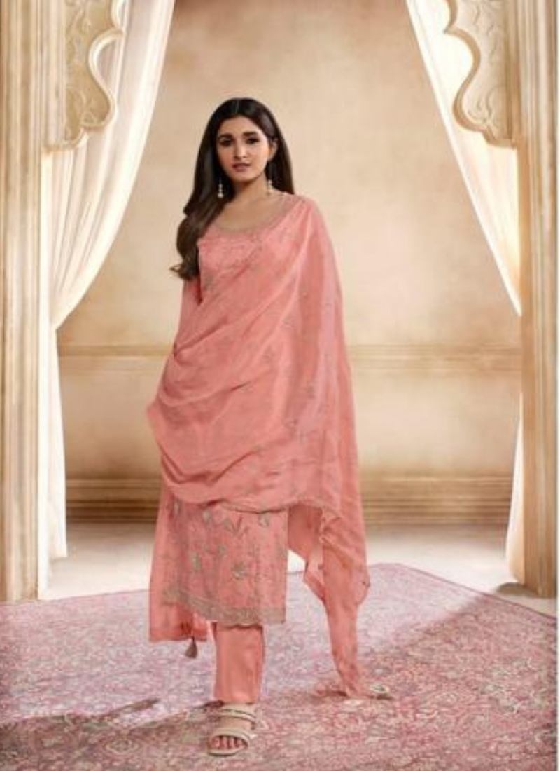 Embroidered Organza Straight Suit Set In Peach