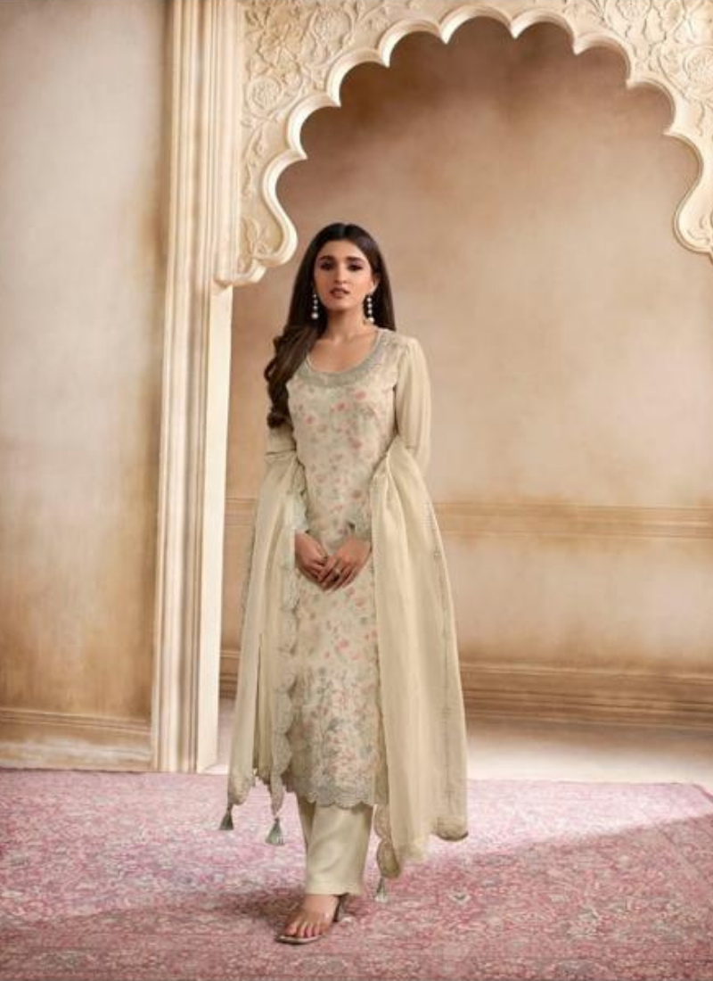 Embroidered Organza Straight Suit Set In Off White