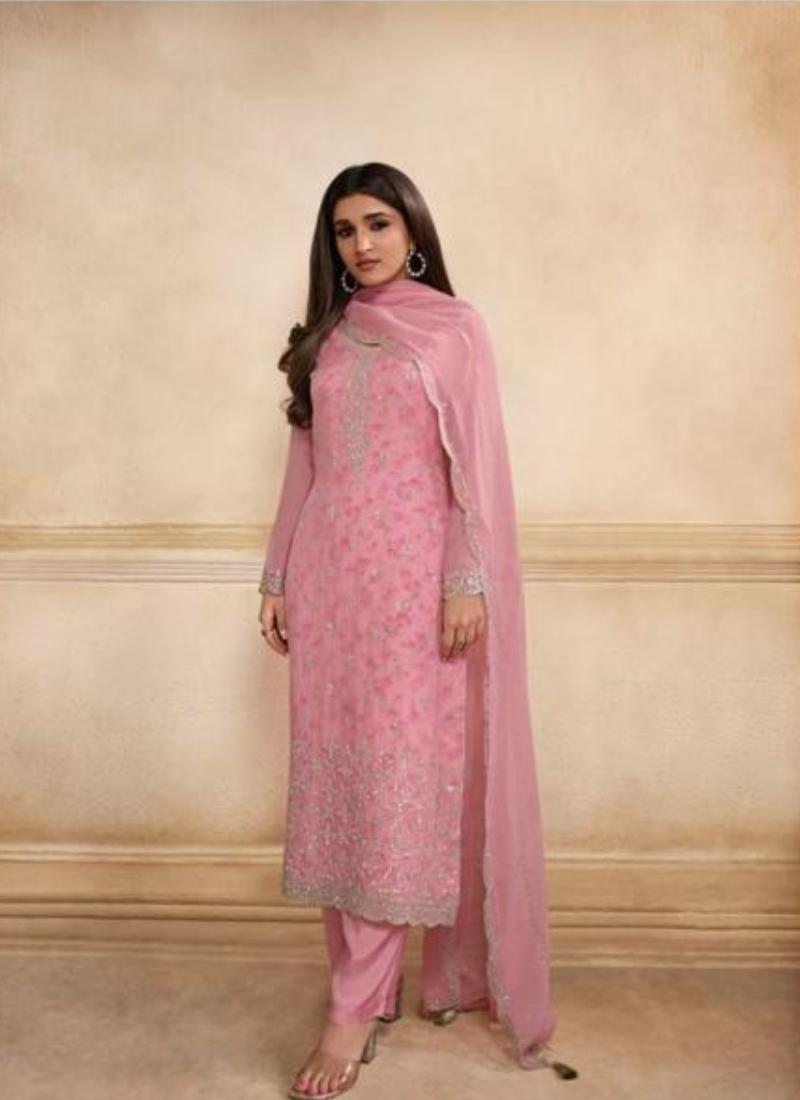 Embroidered Organza Straight Suit Set In Pink
