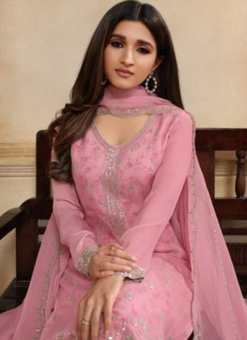 Embroidered Organza Straight Suit Set In Pink