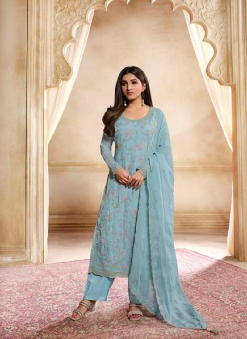 Embroidered Organza Straight Suit Set In Sky Blue