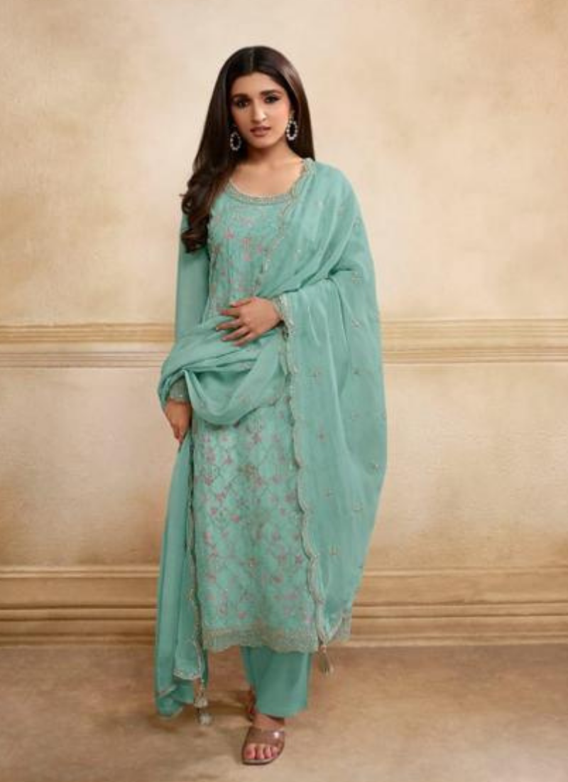 Embroidered Organza Straight Suit Set In Aquamarine