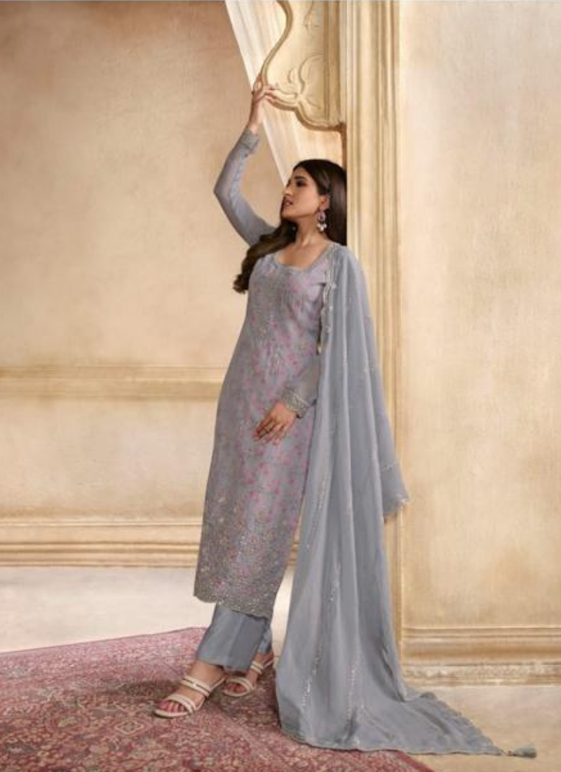 Embroidered Organza Straight Suit Set In Grey