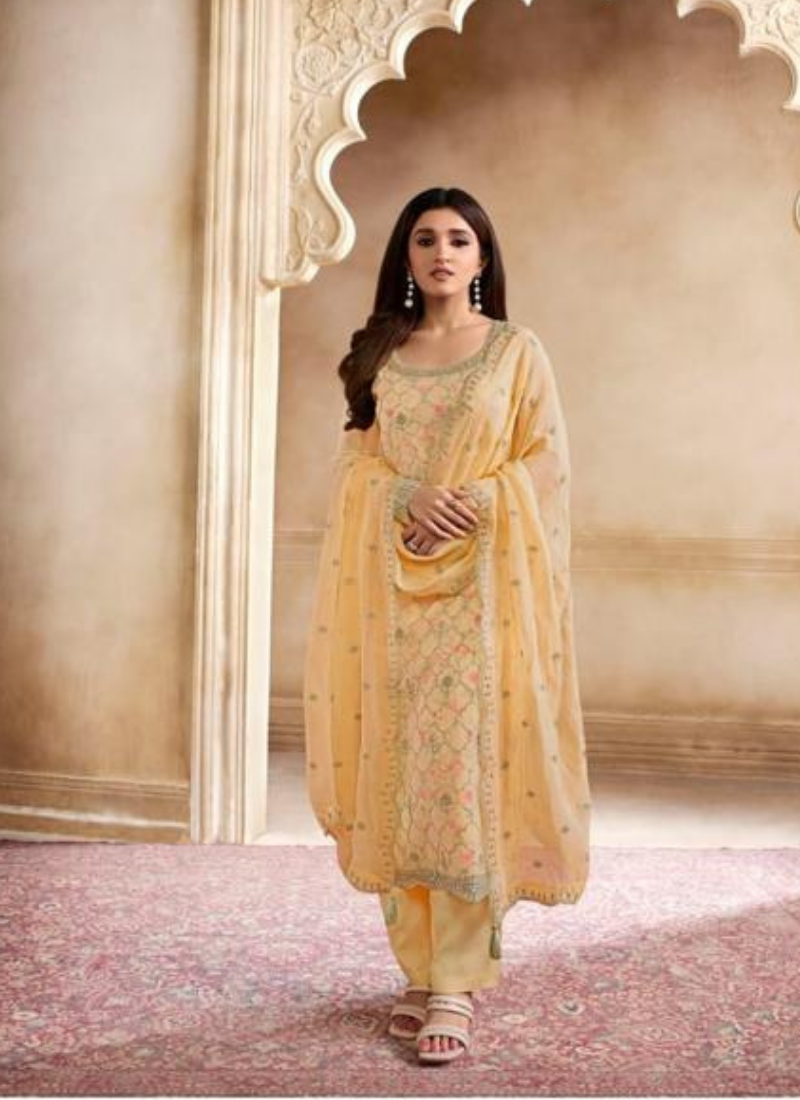 Embroidered Organza Straight Suit Set In Light Yellow