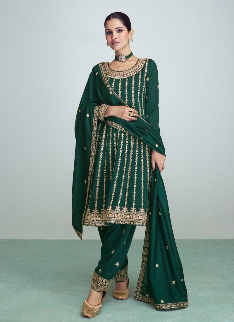 Embroidered Premium Silk Suit Set In Dark Green