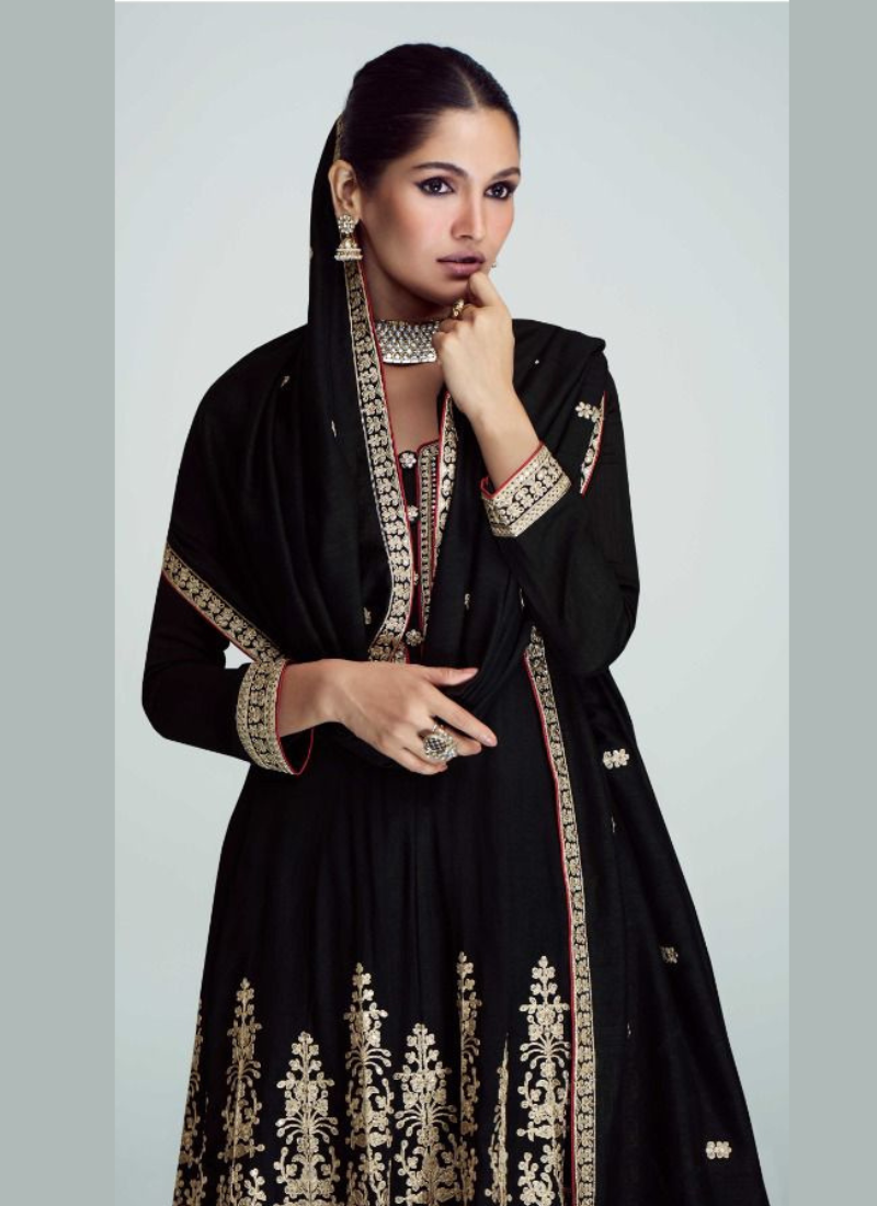 Embroidered Premium Silk Suit Set In Black