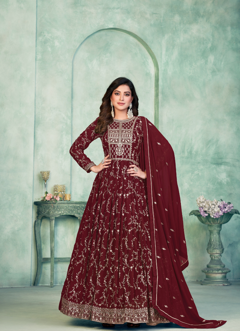 Embroidered Faux Georgette Anarkali Set In Maroon