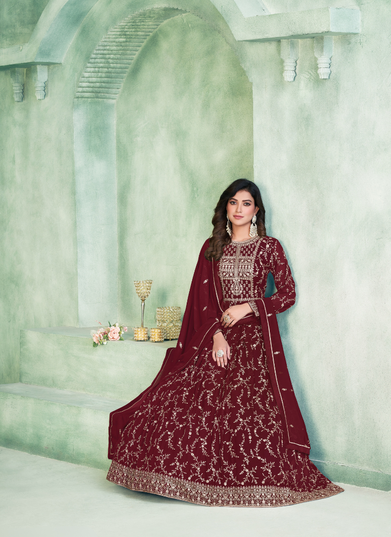 Embroidered Faux Georgette Anarkali Set In Maroon