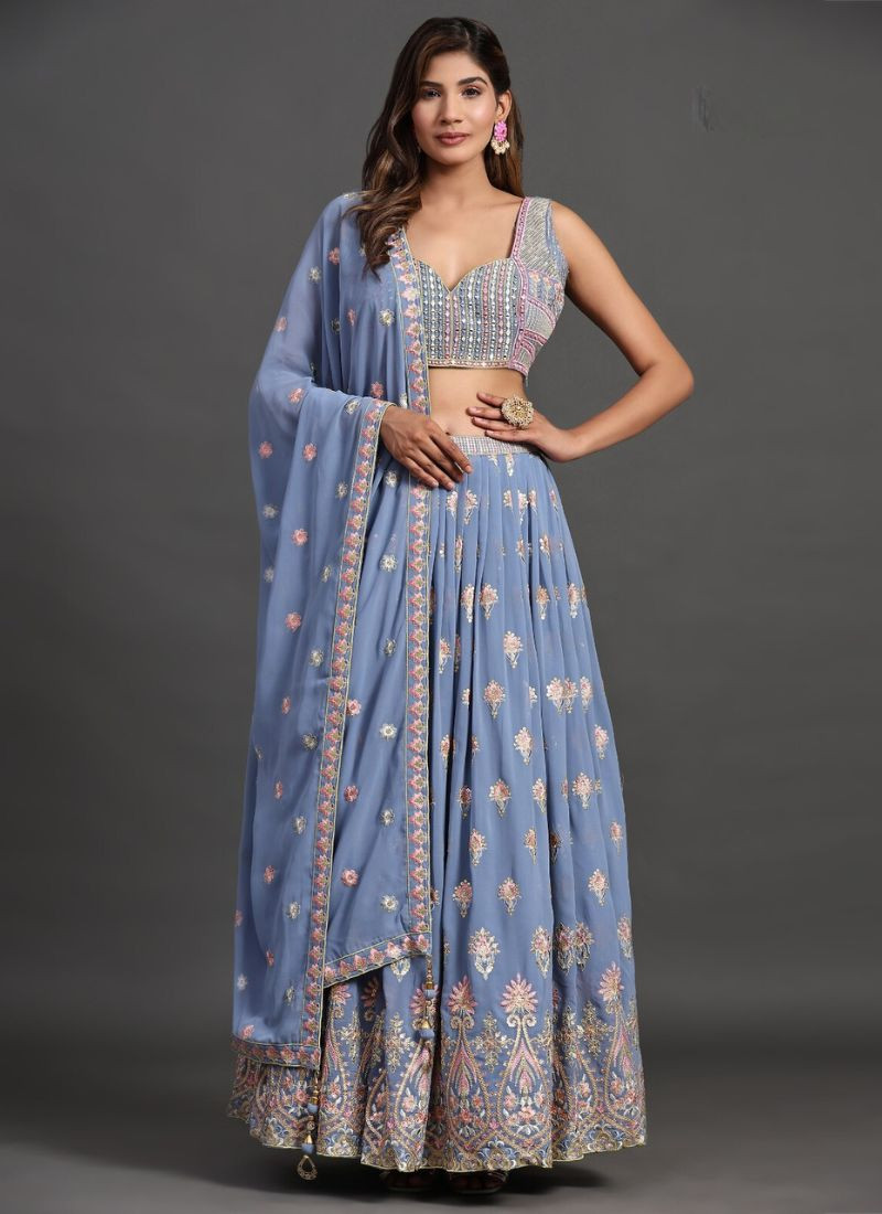 Embroidered Georgette Lehenga in Powder Blue