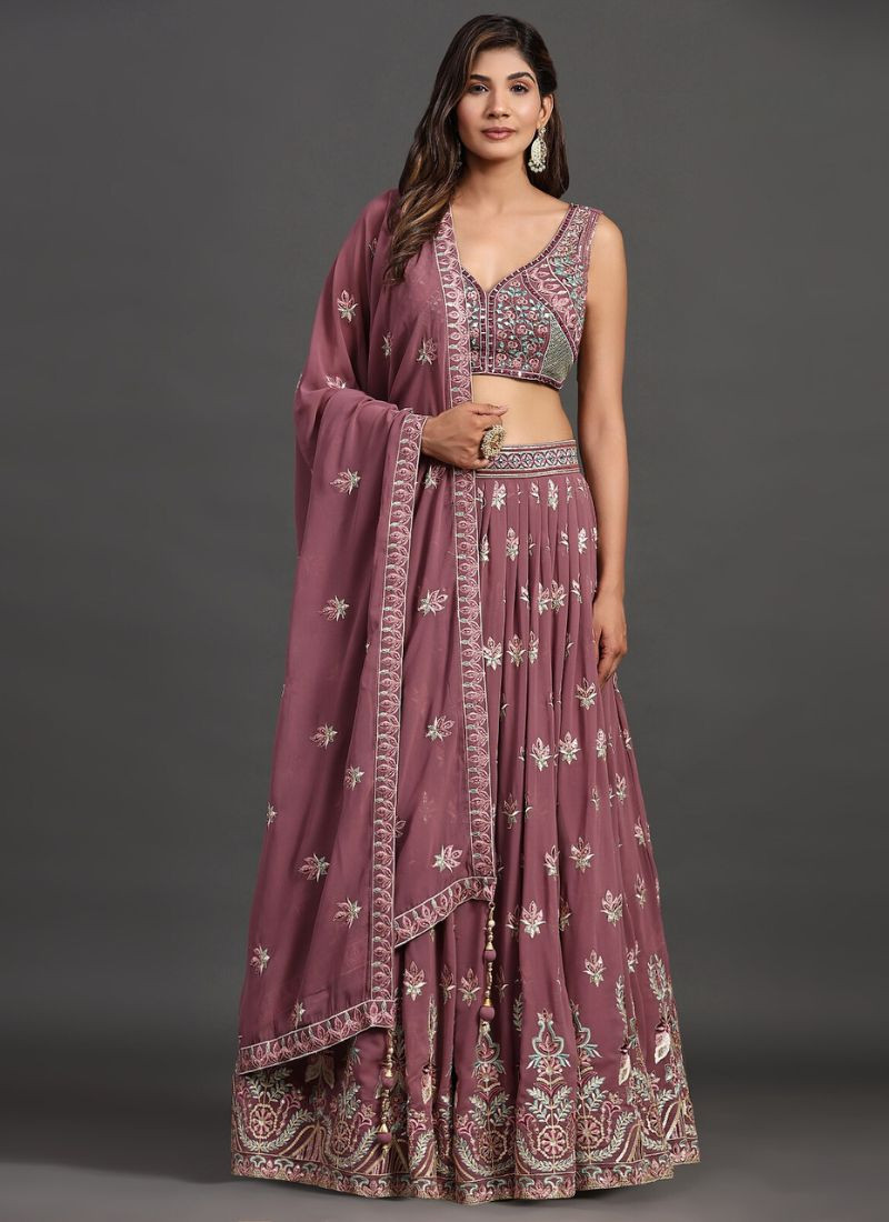 Embroidered Georgette Lehenga in Peach Pink