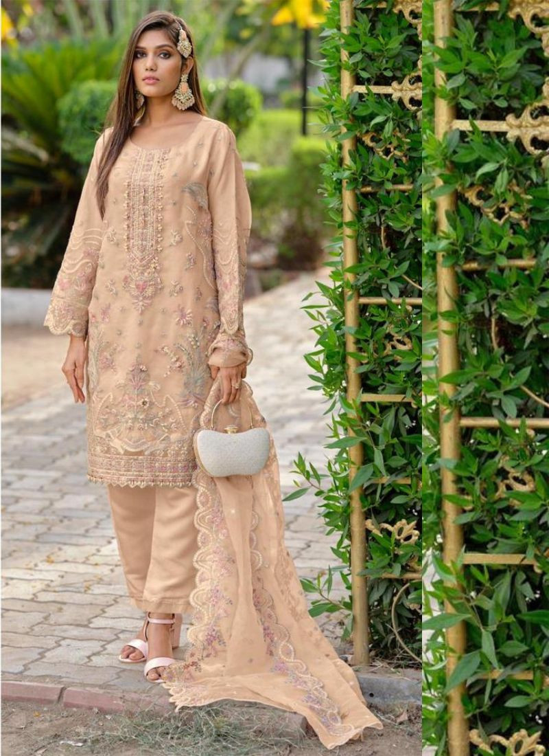 Embroidered Organza Straight Suit Set In Peach