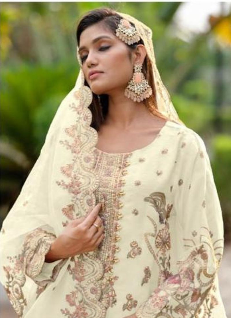 Embroidered Organza Straight Suit Set In Cream
