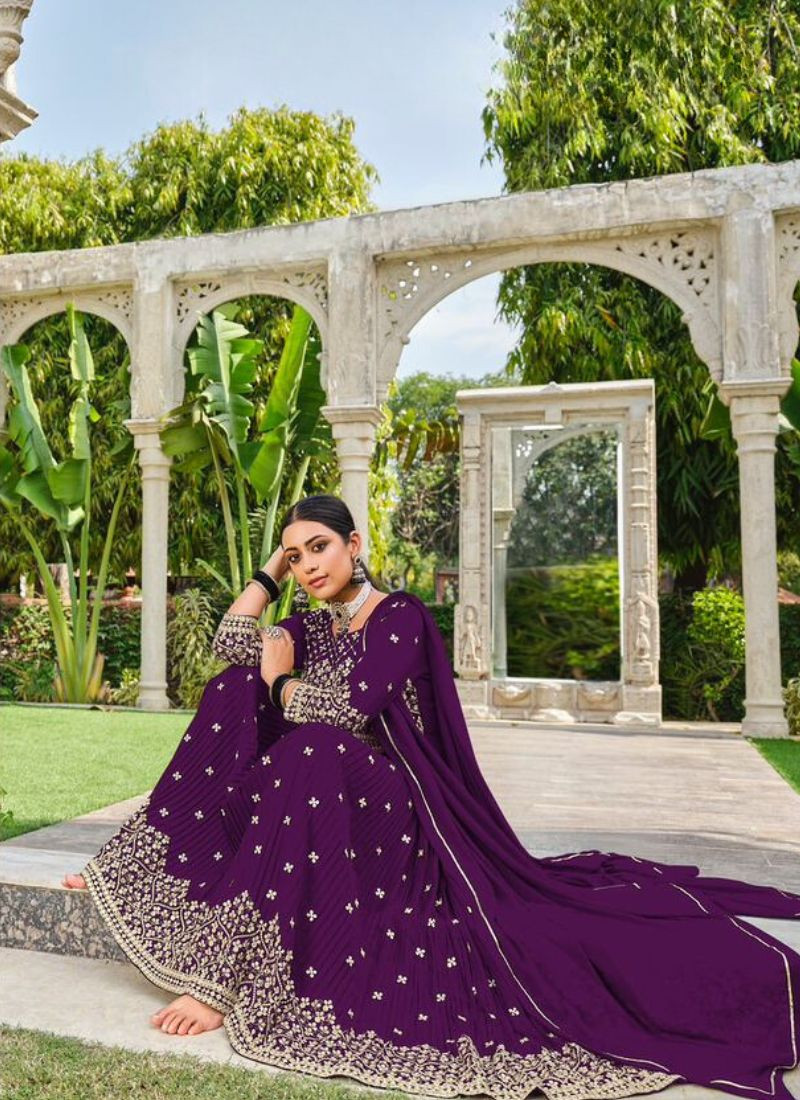 Embroidered Pure Faux Georgette Suit Set In Purple