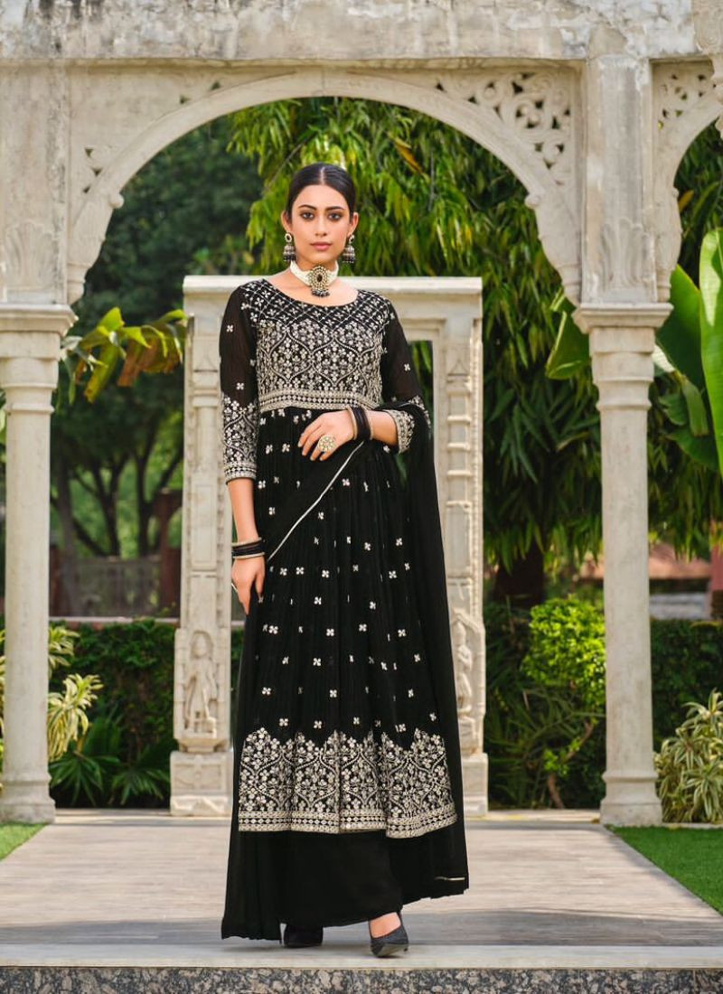 Embroidered Pure Faux Georgette Suit Set In Black