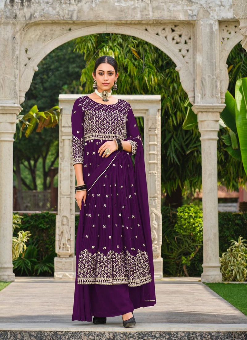Embroidered Pure Faux Georgette Suit Set In Purple
