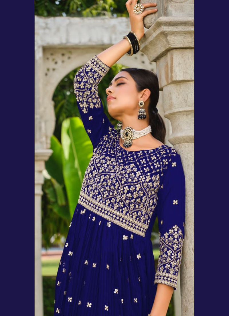Embroidered Pure Faux Georgette Suit Set In Blue