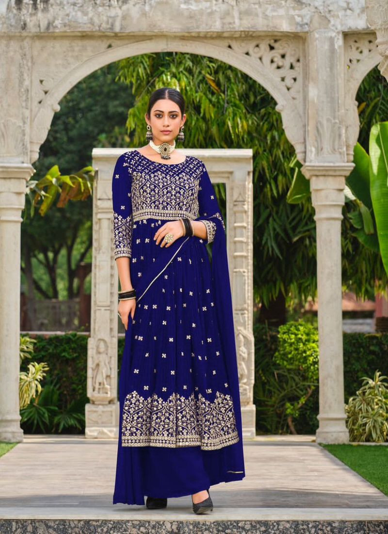 Embroidered Pure Faux Georgette Suit Set In Blue