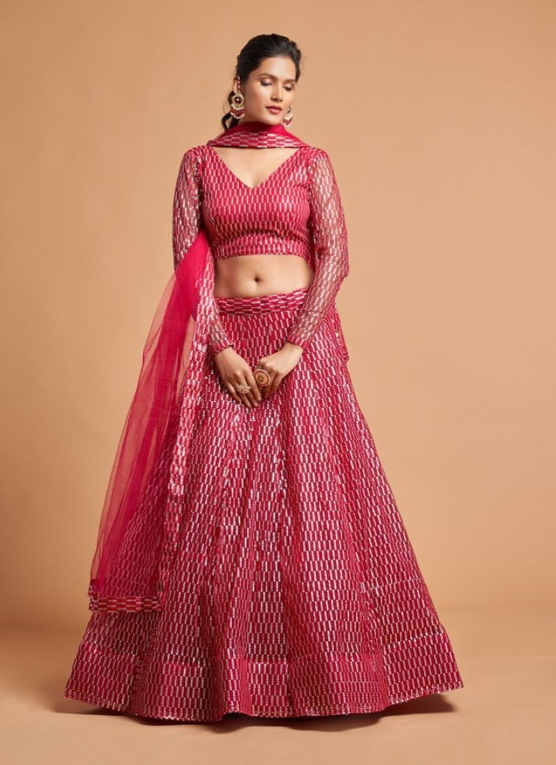 Embroidered Soft Net Lehenga in Pink