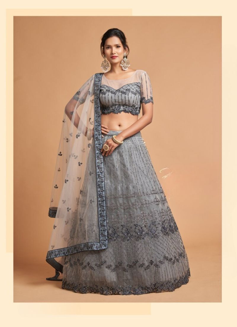 Embroidered Soft Net Lehenga in Grey