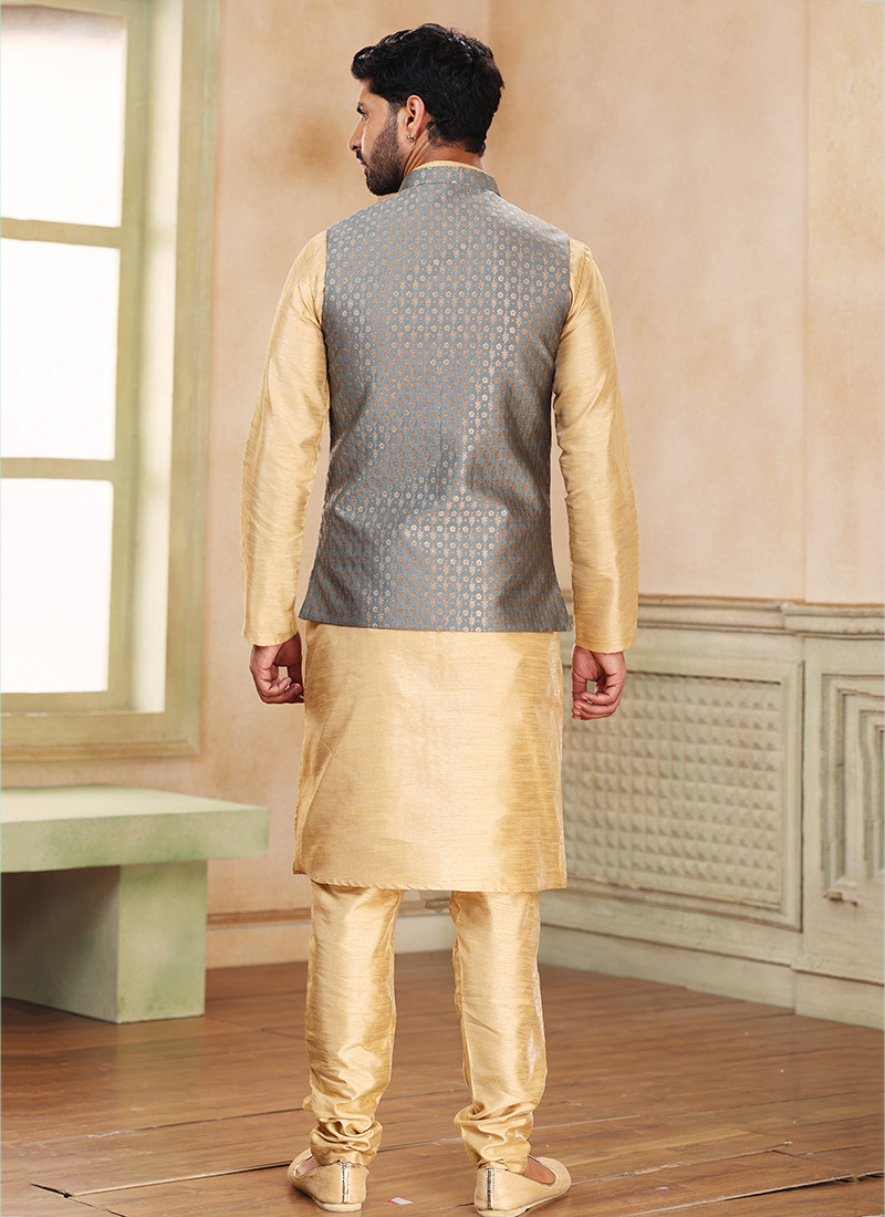 Art Banarasi Silk Kurta Sets With Jacket in Grey