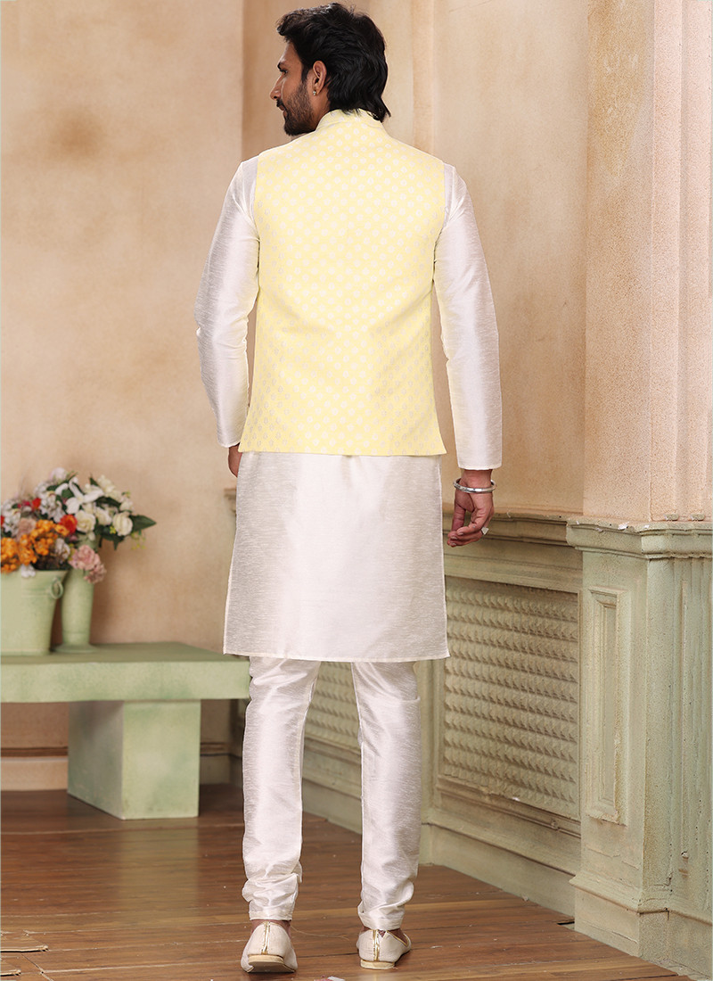 Art Banarasi Silk Kurta Sets With Jacket in Yellow