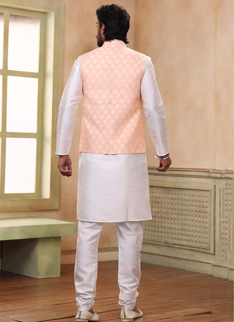 Art Banarasi Silk Kurta Sets With Jacket in Peach