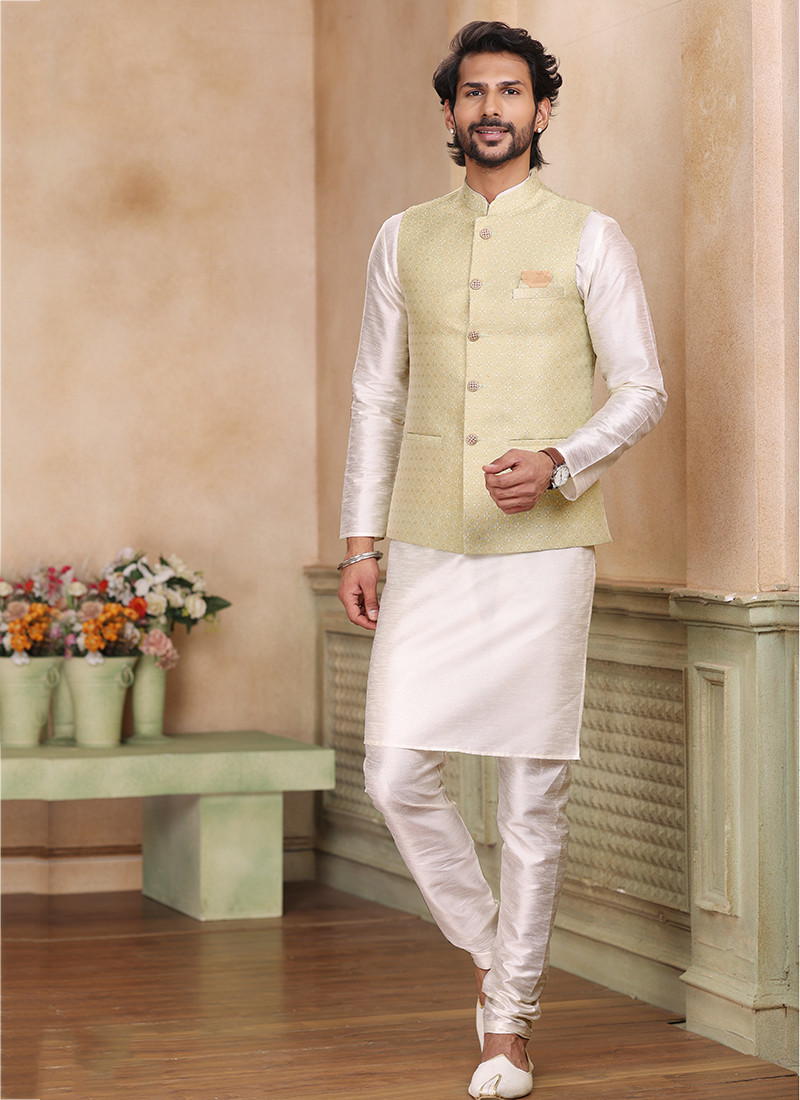 Banarasi Silk Kurta Sets With Jacket in White