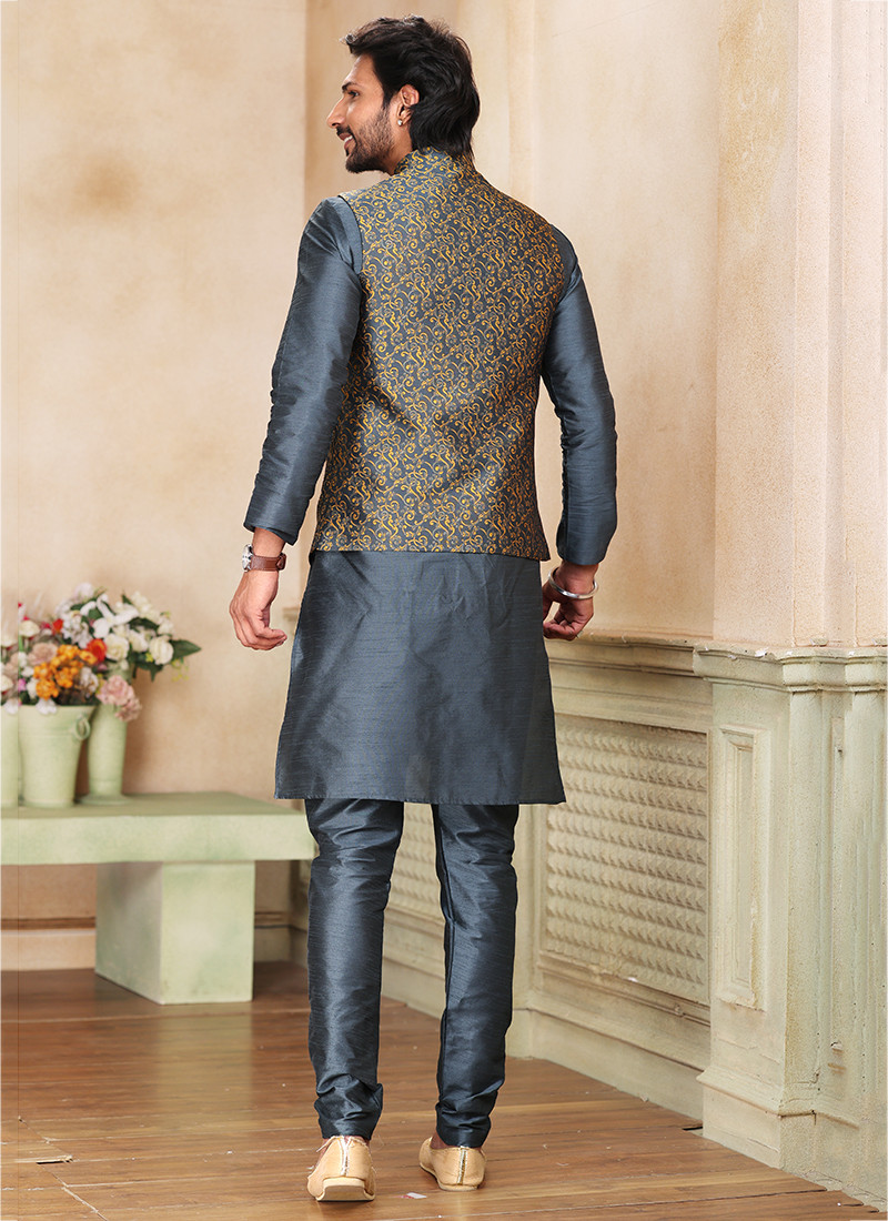 Banarasi Silk Kurta Sets With Jacket in Grey