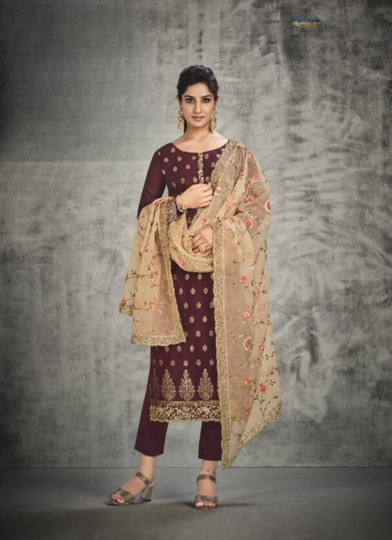 Jacquard Silk With Handwork Suit in Maroon