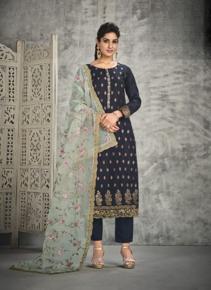 Jacquard Silk With Handwork Suit in Blue