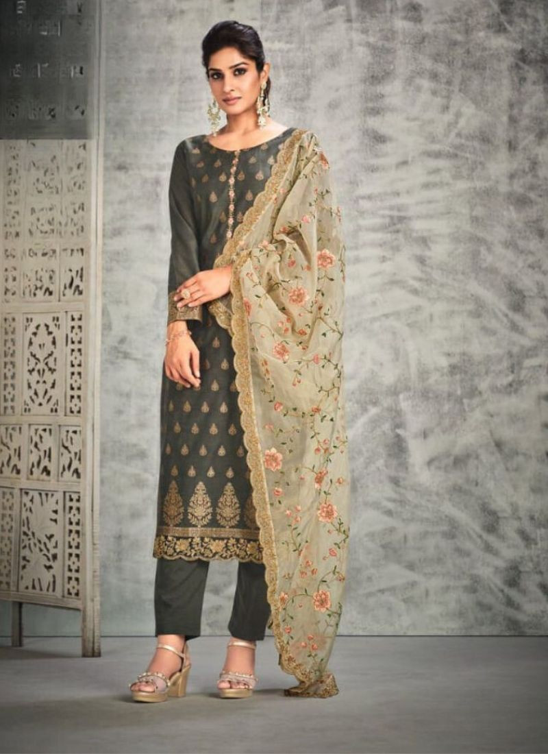 Jacquard Silk With Handwork Suit in Grey