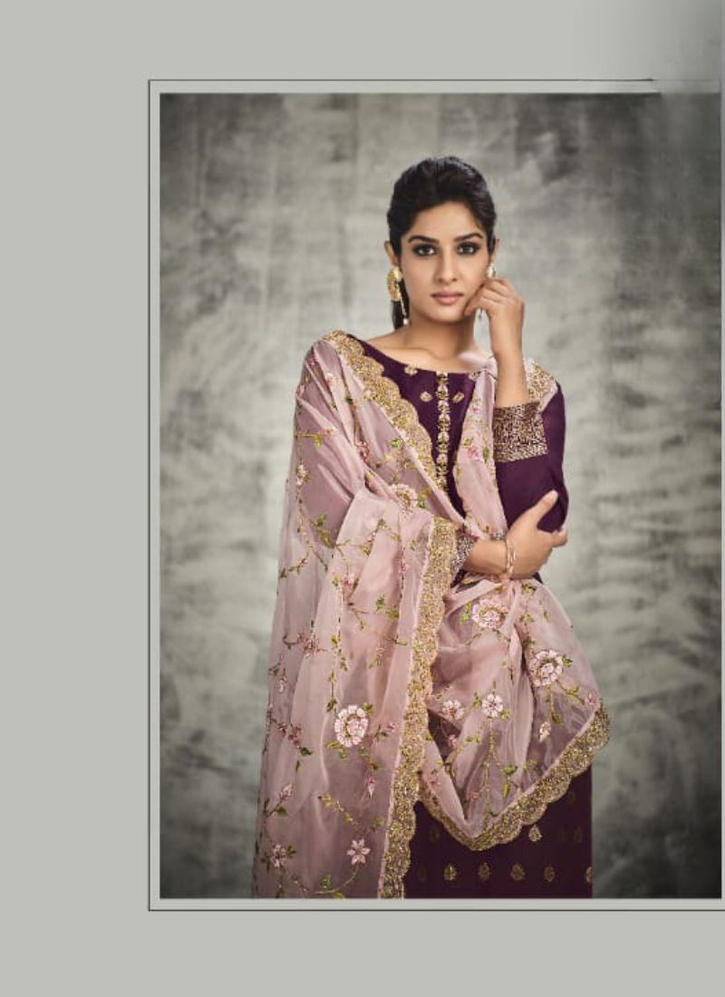 Jacquard Silk With Handwork Suit in Purple