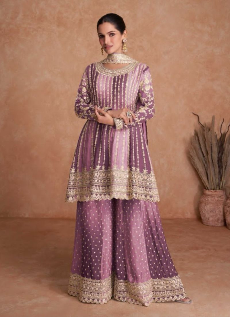Embroidered Chinon Suit Set in Purple
