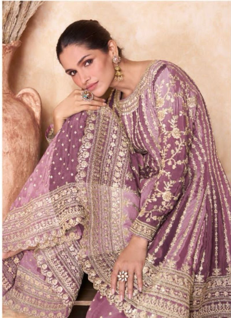 Embroidered Chinon Suit Set in Purple
